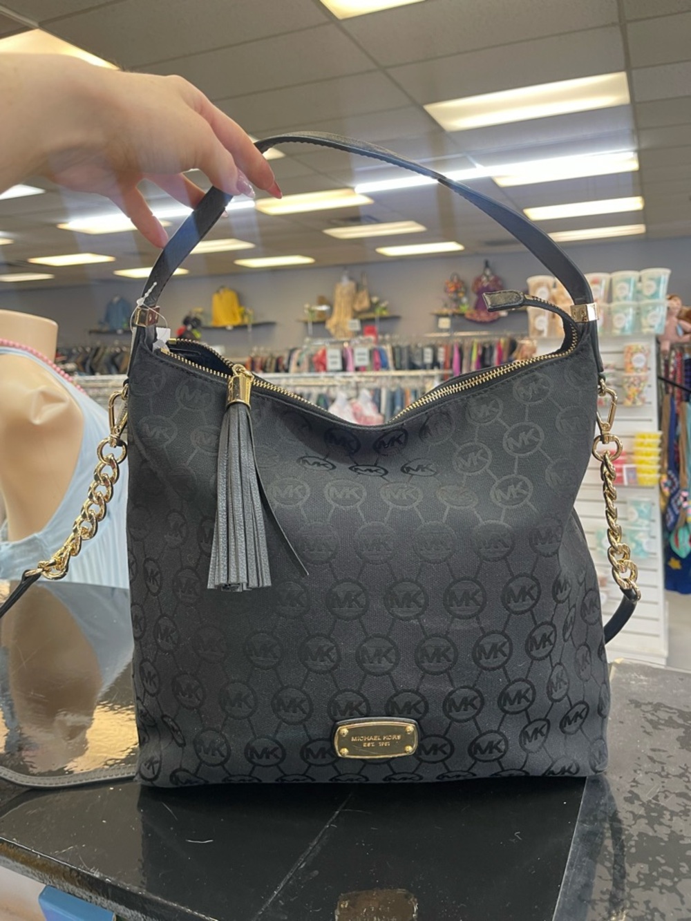 Michael Kors Black MK Logo Shoulder Bag with Tassel - Picture 6 of 7